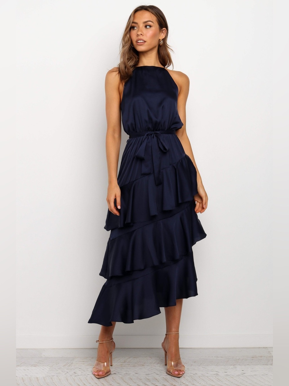 Petal & Pup Seychelle Dress Navy Satin Tiered Midi Dress Size 10 NWT